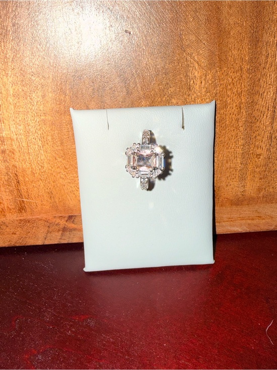 Jewelry - Emerald-Cut Clear Stone Halo Ring in Silver Tone